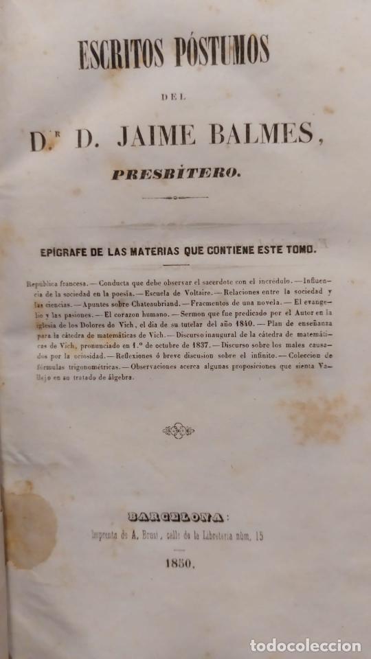 Libros: ESCRITOS POSTUMOS. - BALMES, Jaime. - Foto 2