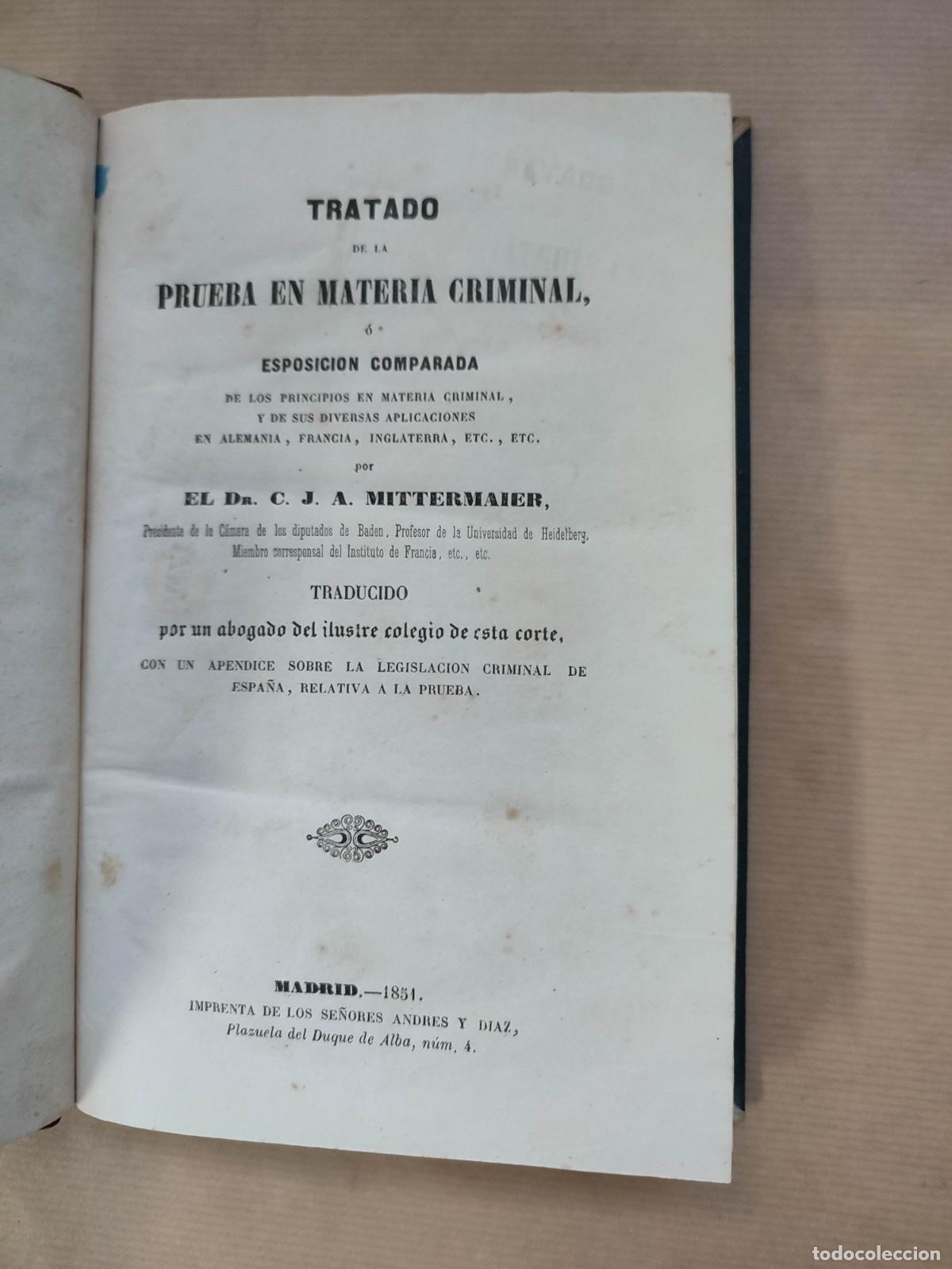 Libros: Tratado de la Prueba en Materia Criminal - Mittermaier - Foto 1