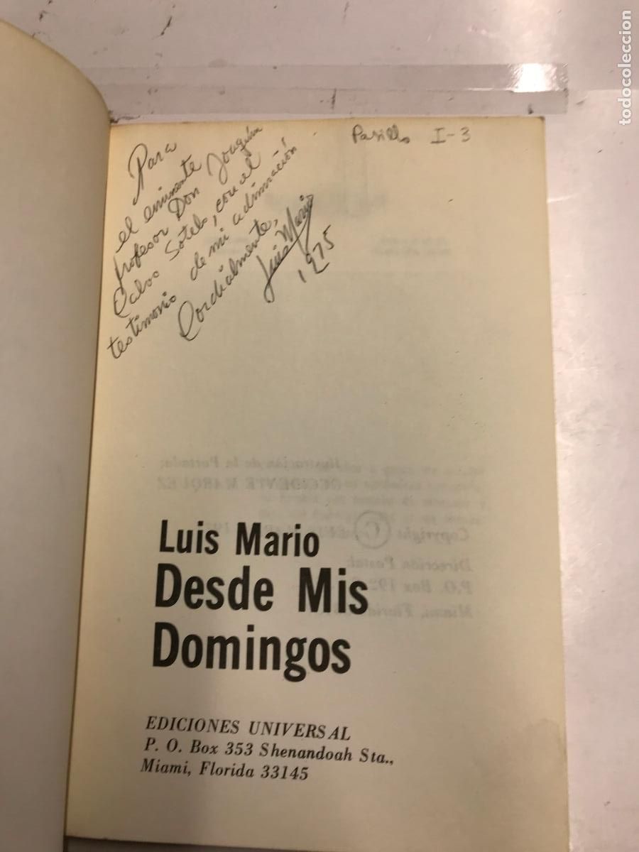 Libros: DESDE LOS DOMINGOS. (DEDICATORIA DEL AUTOR). - LUIS MARIO. - Foto 2