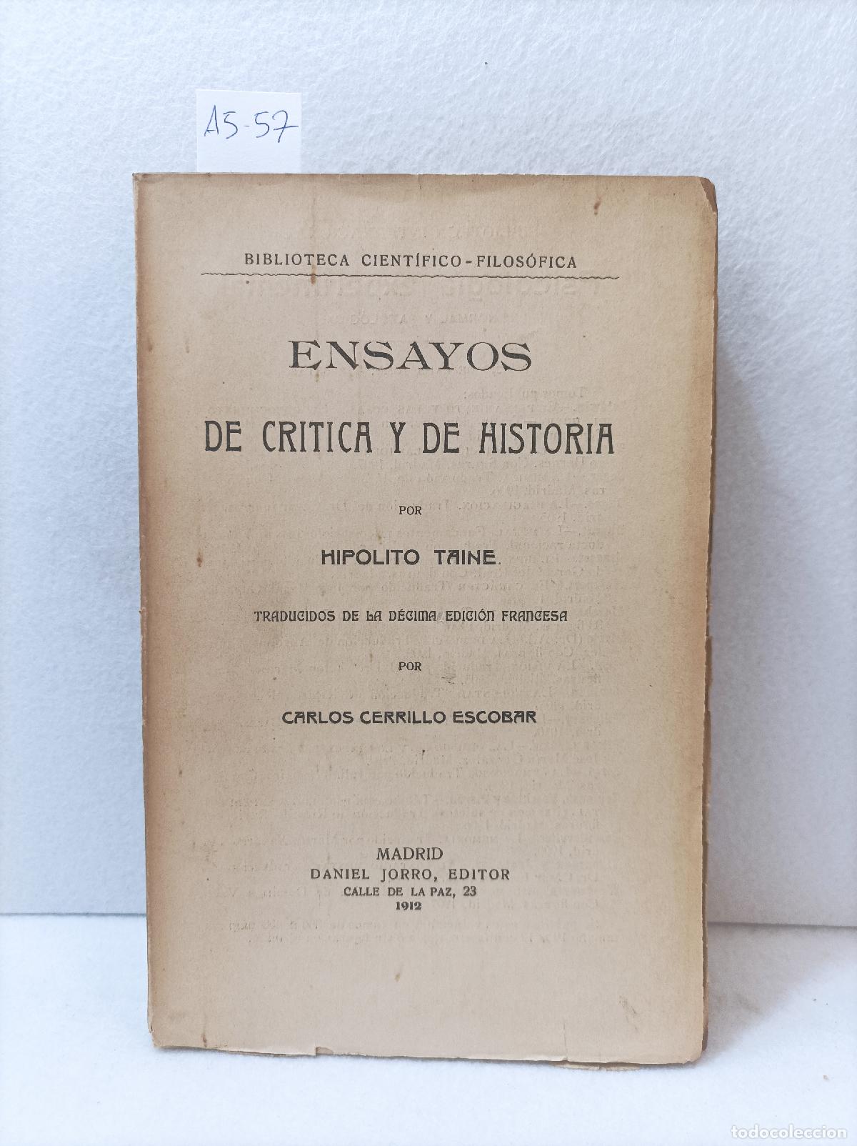 Libros: TAINE, Hip&oacute;lito: - Ensayos de cr&iacute;tica e historia. - Foto 1