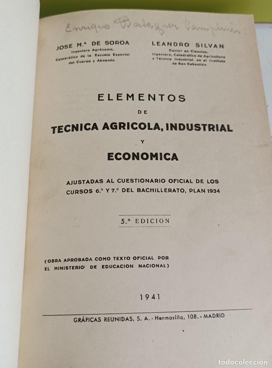 Livros em segunda m&atilde;o: Elementos de T&eacute;cnica Agr&iacute;cola, Industrial y Econ&oacute;mica SOROA