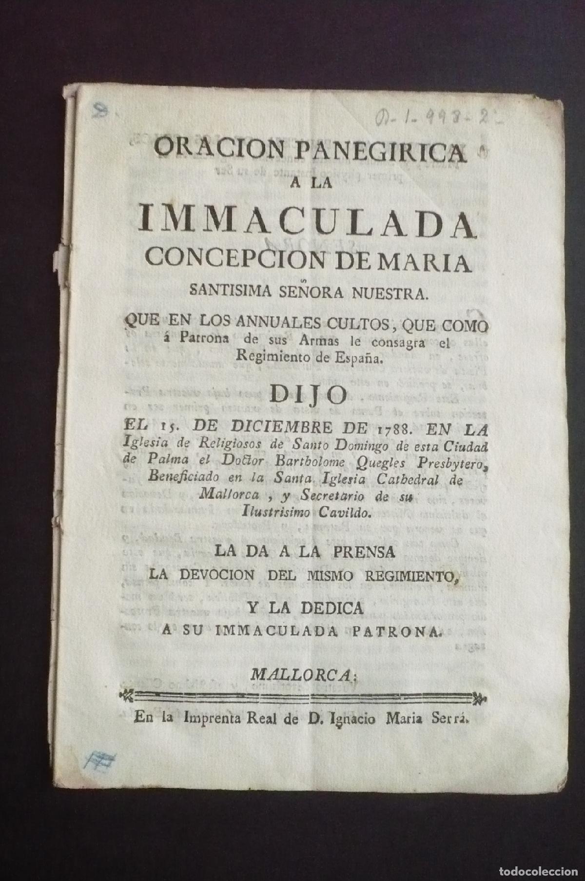 Libros: ORACI&Oacute;N PANEG&Iacute;RICA A LA INMACULADA CONCEPCION DE MARIA ... Patrona de sus Armas le consagra el Regim