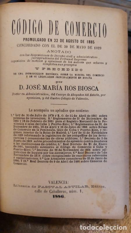 Libros: CODIGO DE COMERCIO, promulgado en 22 de Agosto de 1885, concordado con el de 30 de Mayo de 1829. Ano - Foto 2