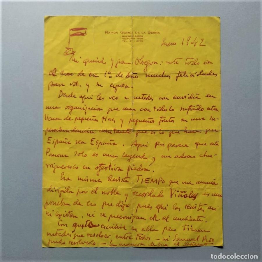 Libros: Carta manuscrita a Antonio de Obreg&oacute;n. - G&oacute;mez de la Serna, Ram&oacute;n. - Foto 1