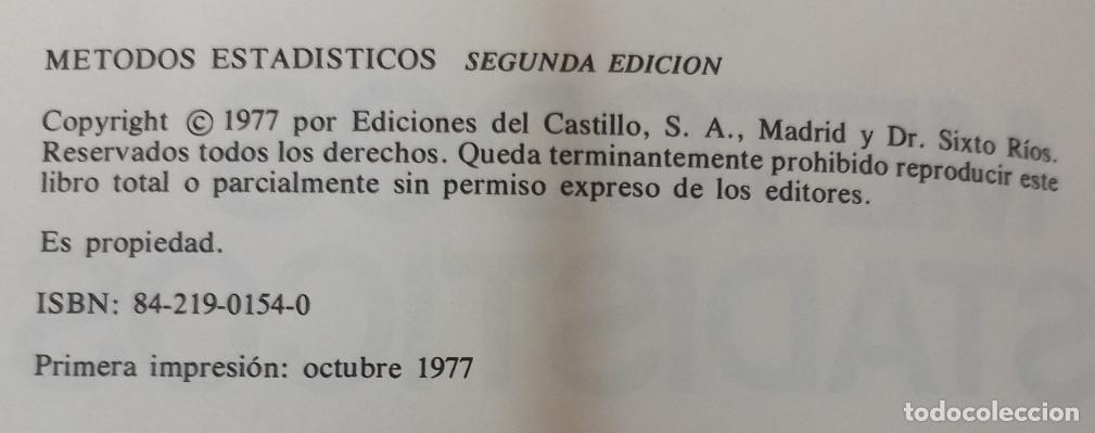 Libros: METODOS ESTADISTICOS, SIXTO RIOS, EDICIONES DEL CASTILLO 1977, LIBRO - Foto 4