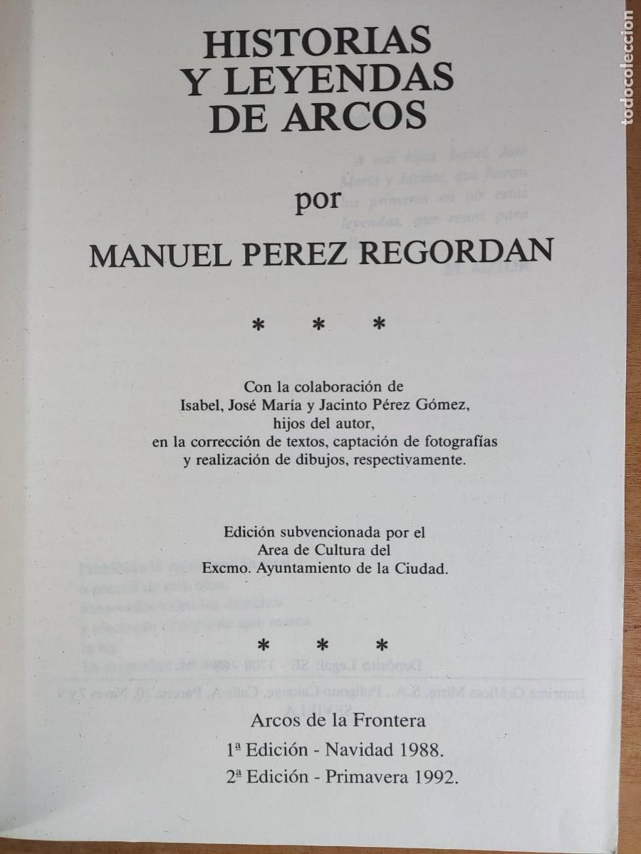 Libros: HISTORIA Y LEYENDAS DE ARCOS / MANUEL PEREZ REGORDAN / 1992 - Foto 2