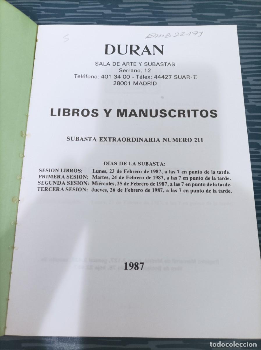 Libros: DURAN , SUBASTA NUM.211, LIBROS Y MANUSCRITOS,1987. - Foto 2