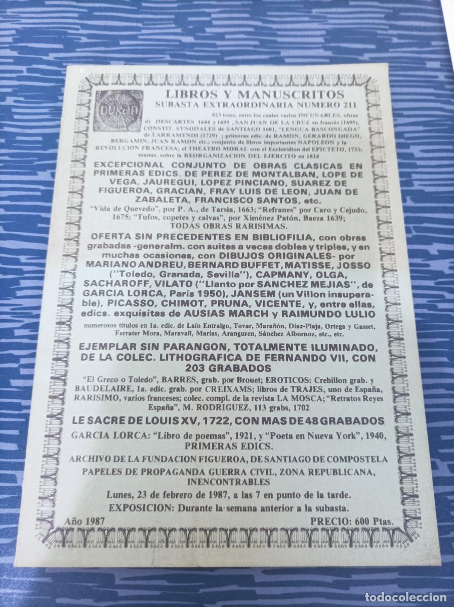 Libros: DURAN , SUBASTA NUM.211, LIBROS Y MANUSCRITOS,1987. - Foto 1
