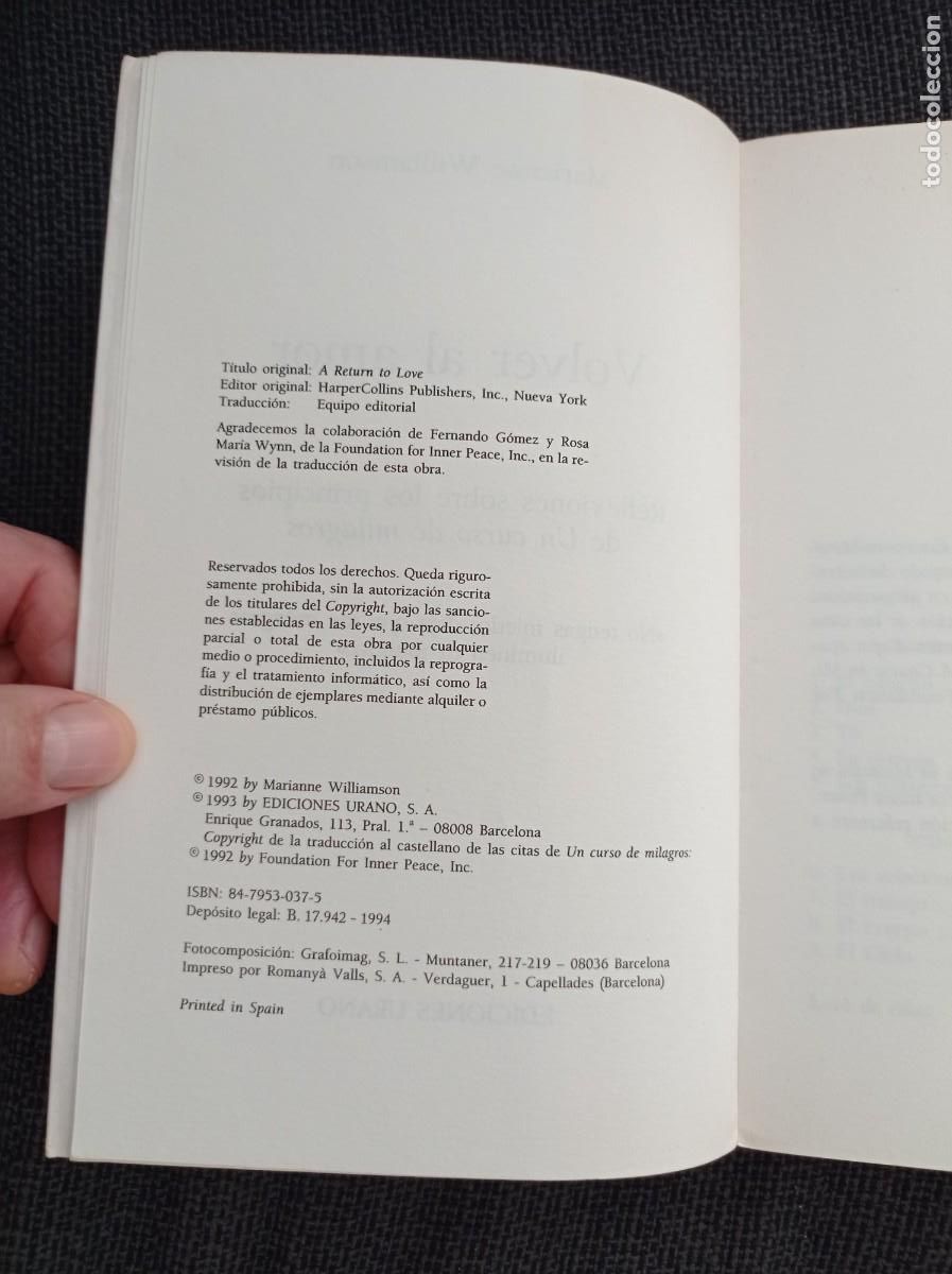 Libros: Libro Volver al amor. Marianne Williamson. Urano 1994. - Foto 4