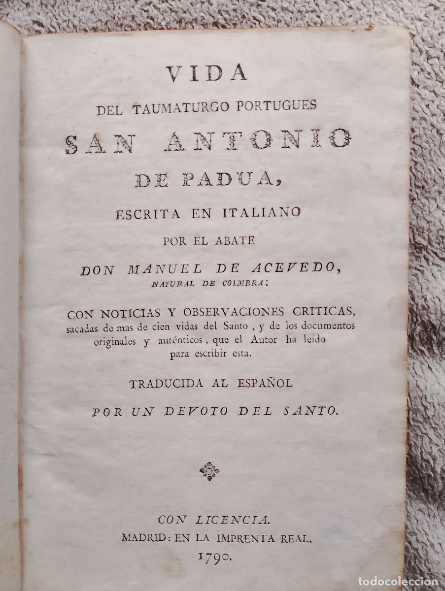 Libros: Antiguo libro &rdquo;VIDA DE SAN ANTONIO DE PADUA&rdquo; a&ntilde;o 1790 - Foto 1