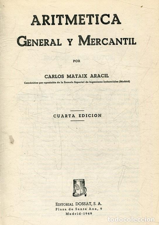 Libros: ARITMETICA GENERAL Y MERCANTIL. - MATAIX ARACIL. Carlos, - Foto 1