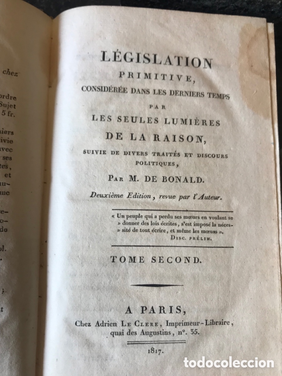 Libros: Libro 1817 De Bonald l&eacute;gislation primitive 2 vol&uacute;menes - Foto 6