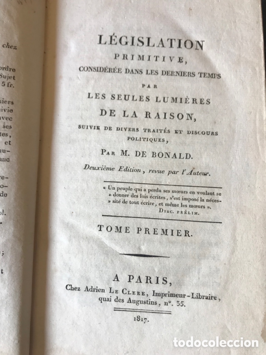 Libros: Libro 1817 De Bonald l&eacute;gislation primitive 2 vol&uacute;menes - Foto 1