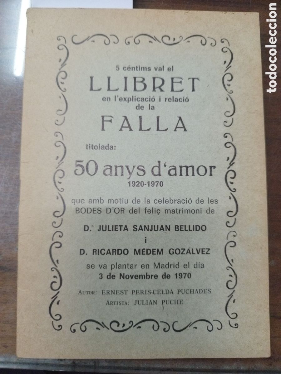 B&uuml;cher: 5 C&Eacute;NTIMS VAL EL LLIBRET EN L&acute;EXPLICACI&Oacute; I RELACI&Oacute; DE LA FALLA TITOLADA: 50 ANYS D&acute;AMOR 1920 1970 -