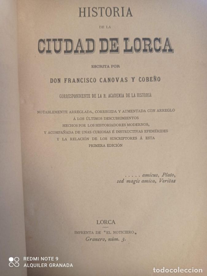 Libros: HISTORIA DE LA CIUDAD DE LORCA - Don Francisco Canovas Y Cobe&ntilde;o