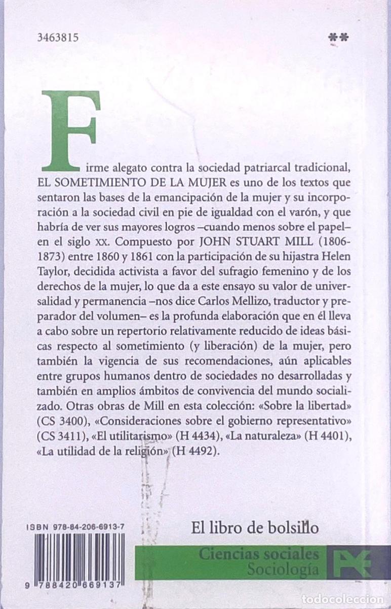 Libros: EL SOMETIMIENTO DE LA MUJER - John Stuart Mill - Foto 2