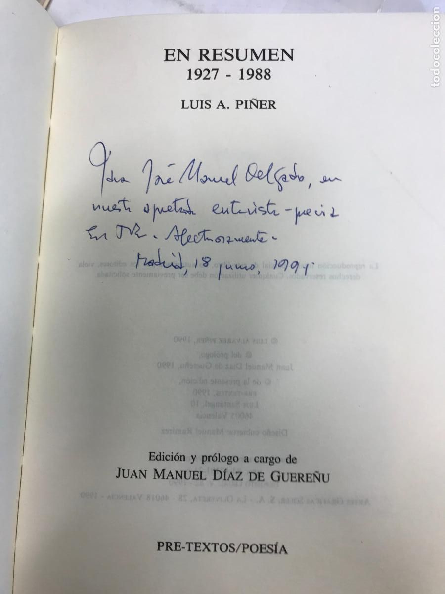 Libros: EN RESUMEN. 1927-1988.(DEDICATORIA DEL AUTOR). - LUIS A. PI&Ntilde;ER. - Foto 2