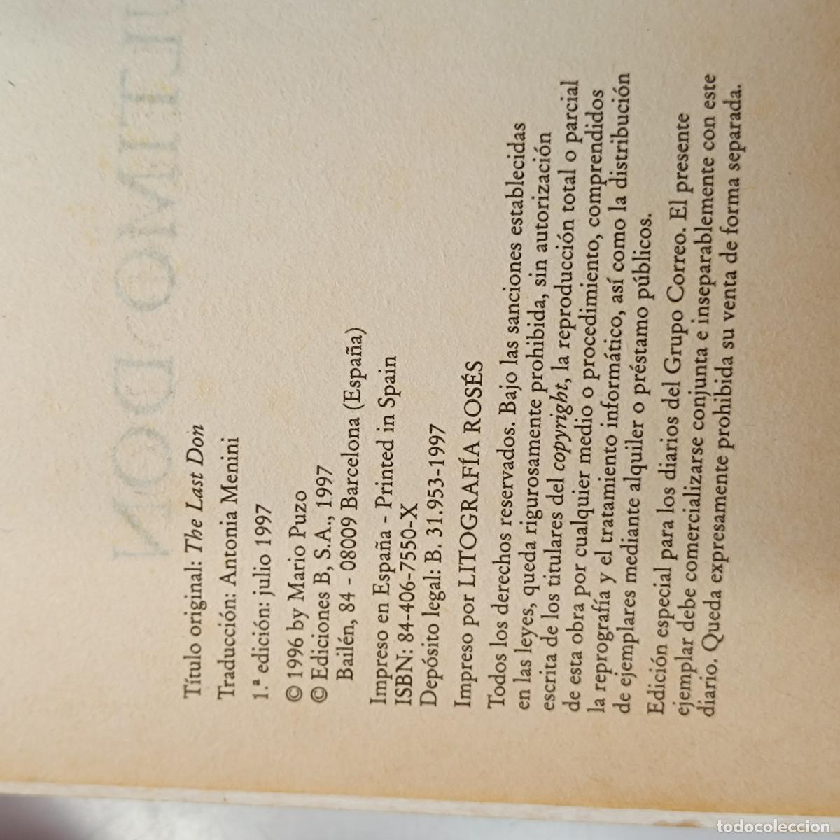 Libros: LIBRO EL ULTIMO DON. MARIO PUZO. GRUPO CORREO 1997. - Foto 3