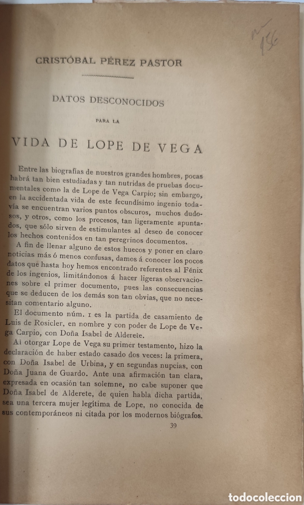 Libros: DATOS DESCONOCIDOS PARA LA VIDA DE LOPE DE VEGA - PEREZ PASTOR,Cristobal