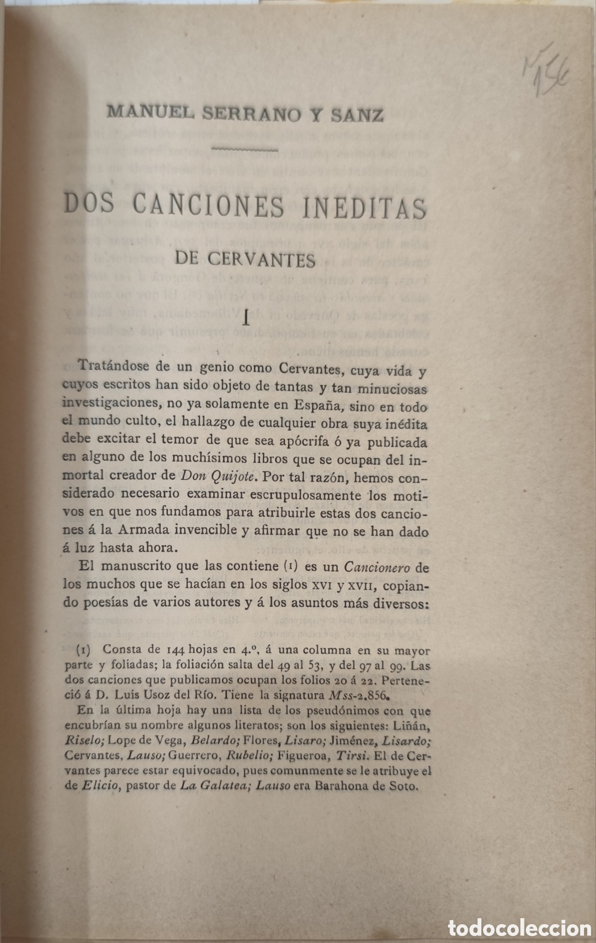 Libros: DOS CANCIONES INEDITAS DE CERVANTES - SERRANO Y SANZ,Manuel