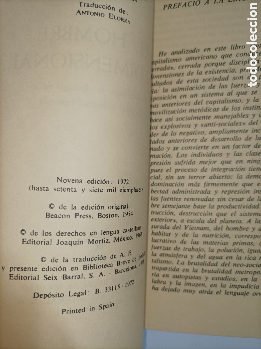 Libros: EL HOMBRE UNIDIMENSIONAL. MARCUSE. SEIX BARRAL. 1972. - Foto 2
