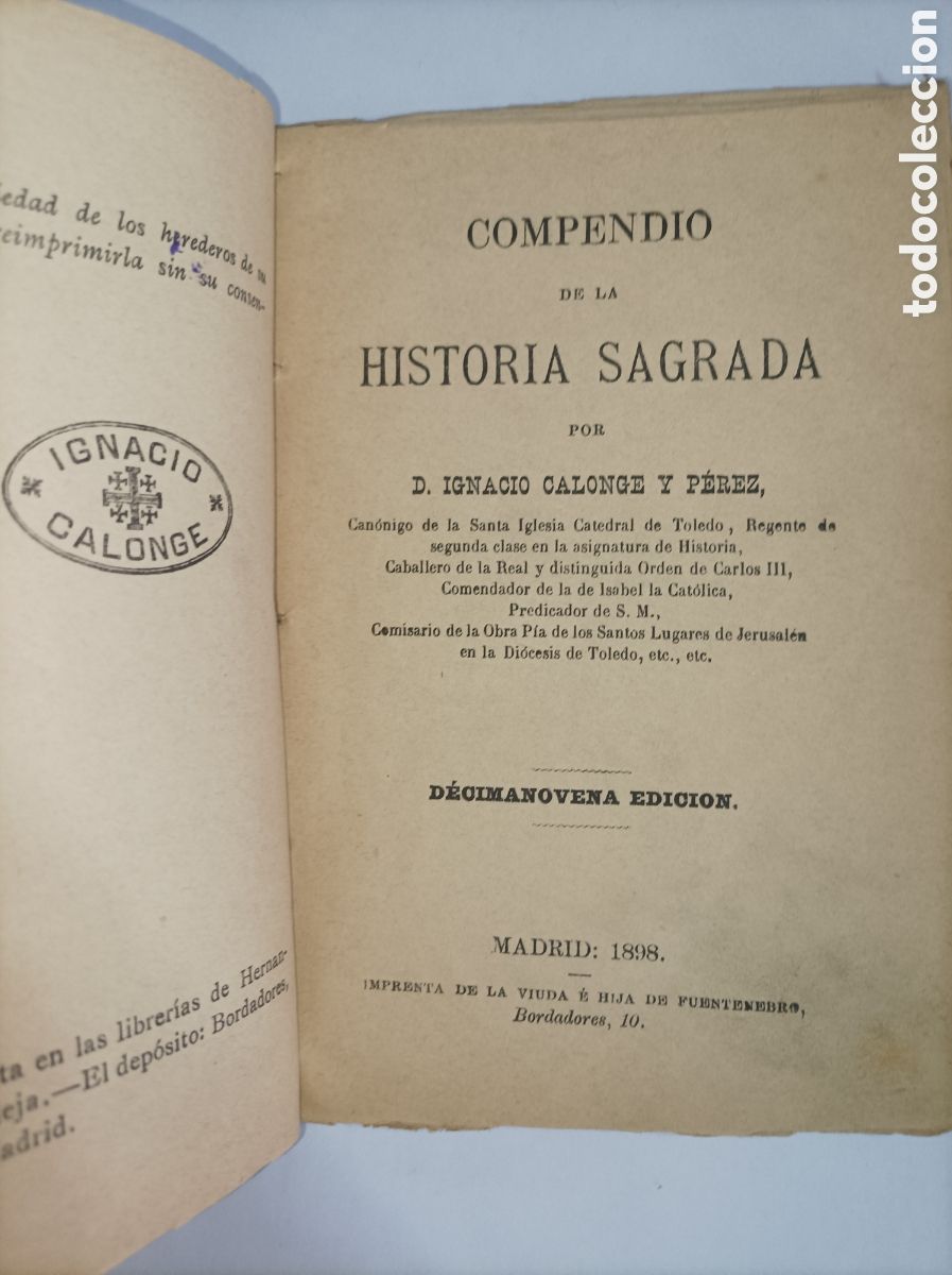 Libros: COMPENDIO DE LA HISTORIA SAGRADA. IGNACIO CALONGE. FUENTENEBRO. 1898. - Foto 2