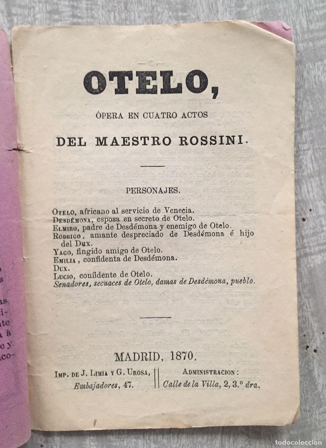 Libros: OTELO. Opera en cuatro actos del Maestro Rossini. Libreto - Foto 2