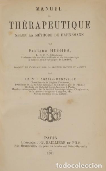 Libros: HUGHES. (Richard) - MANUEL DE TH&Eacute;RAPEUTIQUE SELON LA M&Eacute;THODE DE HAHNEMANN. - Foto 1