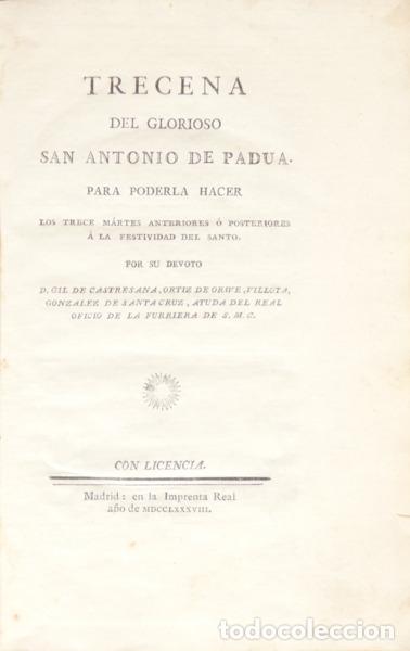 Libros: CASTRESANA. (Gil de) - TRECENA DEL GLORIOSO SAN ANTONIO DE PADUA.