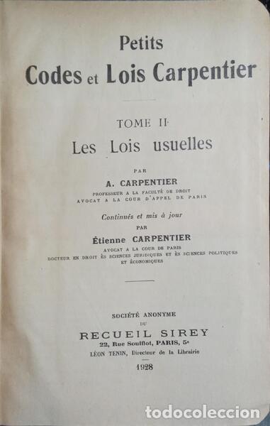 Libros: CARPENTIER. (A.) e &Eacute;tienne Carpentier. - PETITS CODES ET LOIS CARPENTIER. [2 VOLS.] - Foto 2