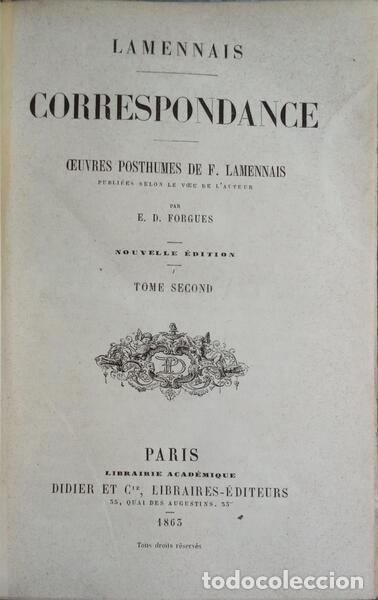 Libros: LAMENNAIS. (F&eacute;licit&eacute; de La) - CORRESPONDANCE. [2 VOLS.] - Foto 1