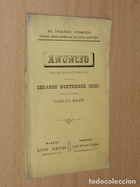 Libri di seconda mano: ANUNCIO - Juguete c&oacute;mico-l&iacute;rico, en un acto, en prosa y verso - Montesinos, Eduardo (Hijo)