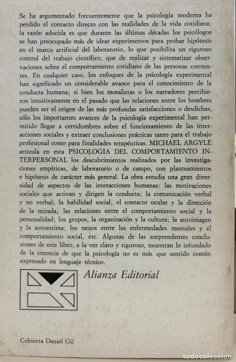 Libros: PSICOLOG&Iacute;A DEL COMPORTAMIENTO INTERPERSONAL - ARGYLE,MICHAEL - Foto 2