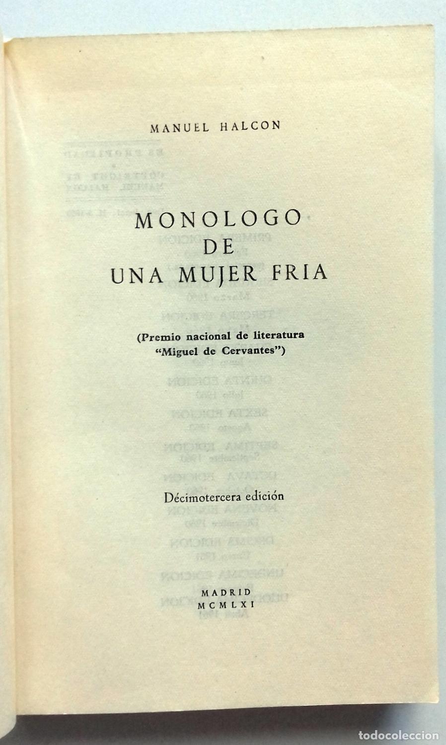 Libros: Halc&oacute;n, Manuel - MON&Oacute;LOGO DE UNA MUJER FR&Iacute;A - Foto 2