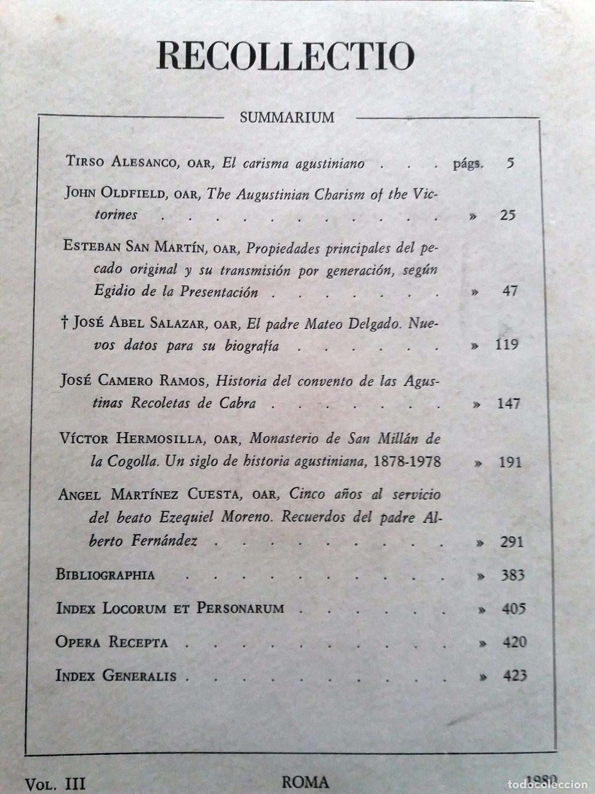 Livres: vvaa - RECOLLECTIO. Institutum Historicum Augustinianorum Recollectorum. Vol. III. Roma. 1980