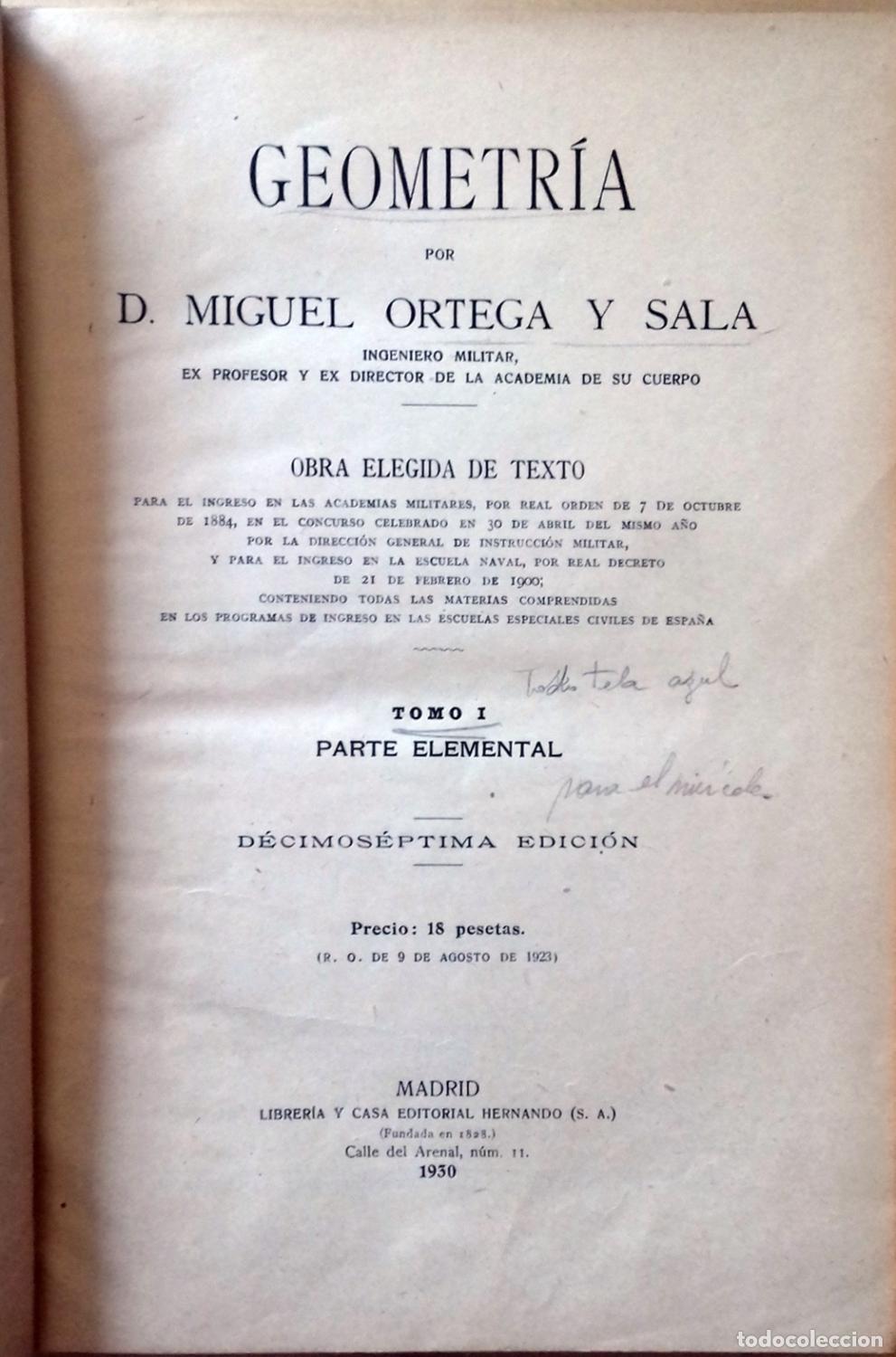 Libros: Miguel Ortega y Sala - GEOMETR&Iacute;A. TOMO I. PARTE ELEMENTAL - Foto 4