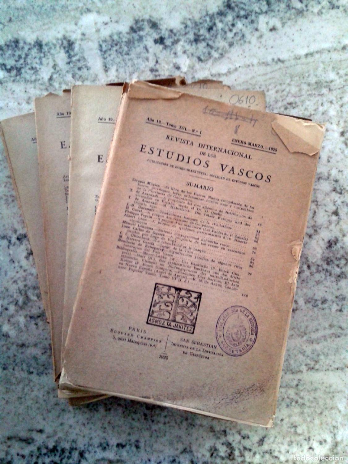 Libros: vvaa - REVISTA INTERNACIONAL DE LOS ESTUDIOS VASCOS. A&ntilde;o 19. Tomo XVI. N&ordm; 1, 2, 3 y 4. 1925. A&ntilde;o Com