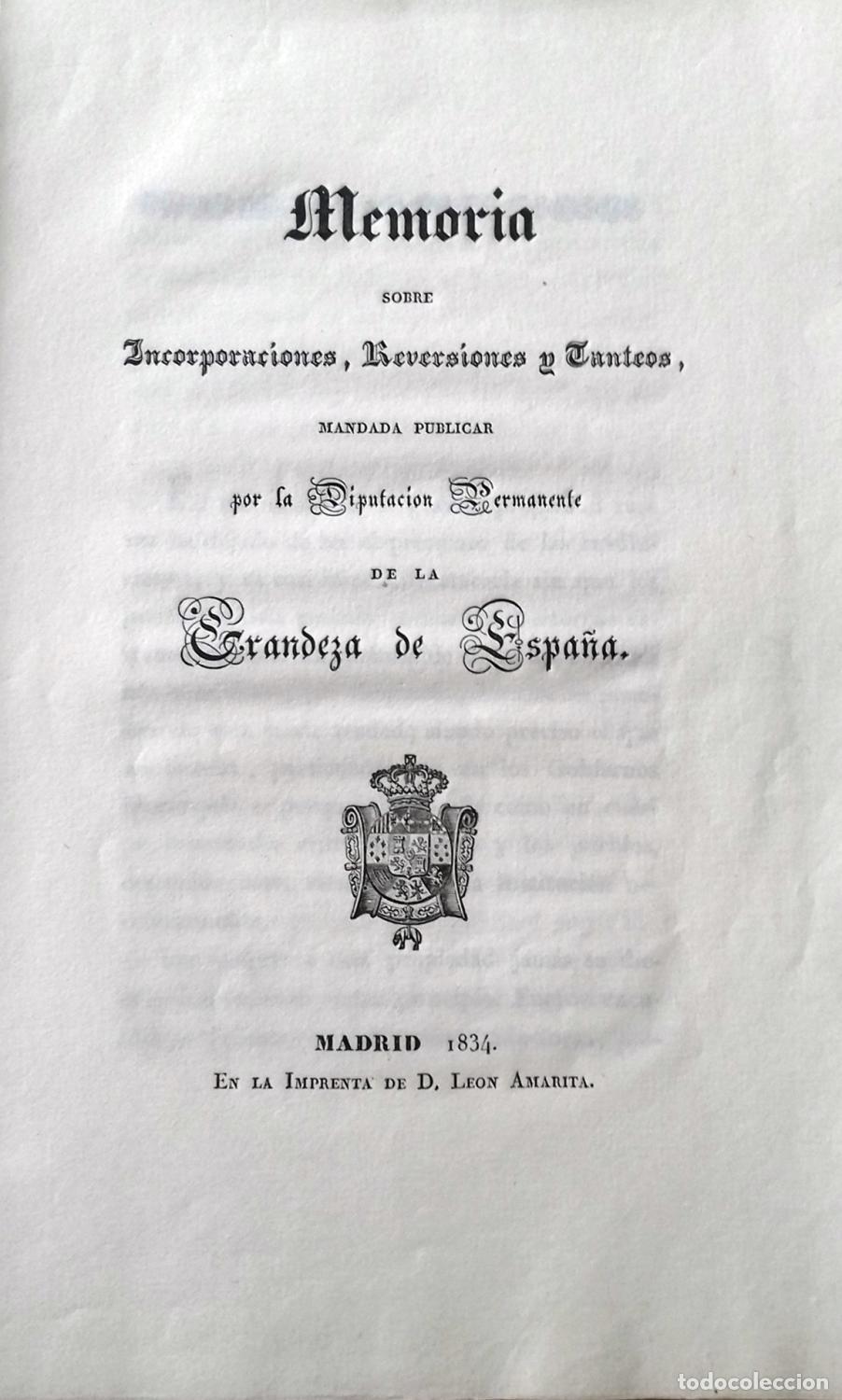 Libri di seconda mano: MEMORIA SOBRE INCORPORACIONES, REVERSIONES Y TANTEOS, MANDADA PUBLICAR POR LA DIPUTACI&Oacute;N PERMANENTE