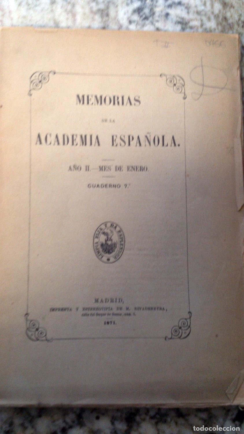 Libri di seconda mano: vvaa - MEMORIAS DE LA ACADEMIA ESPA&Ntilde;OLA. A&ntilde;o II. Mes de Enero. Cuaderno 7. 1871