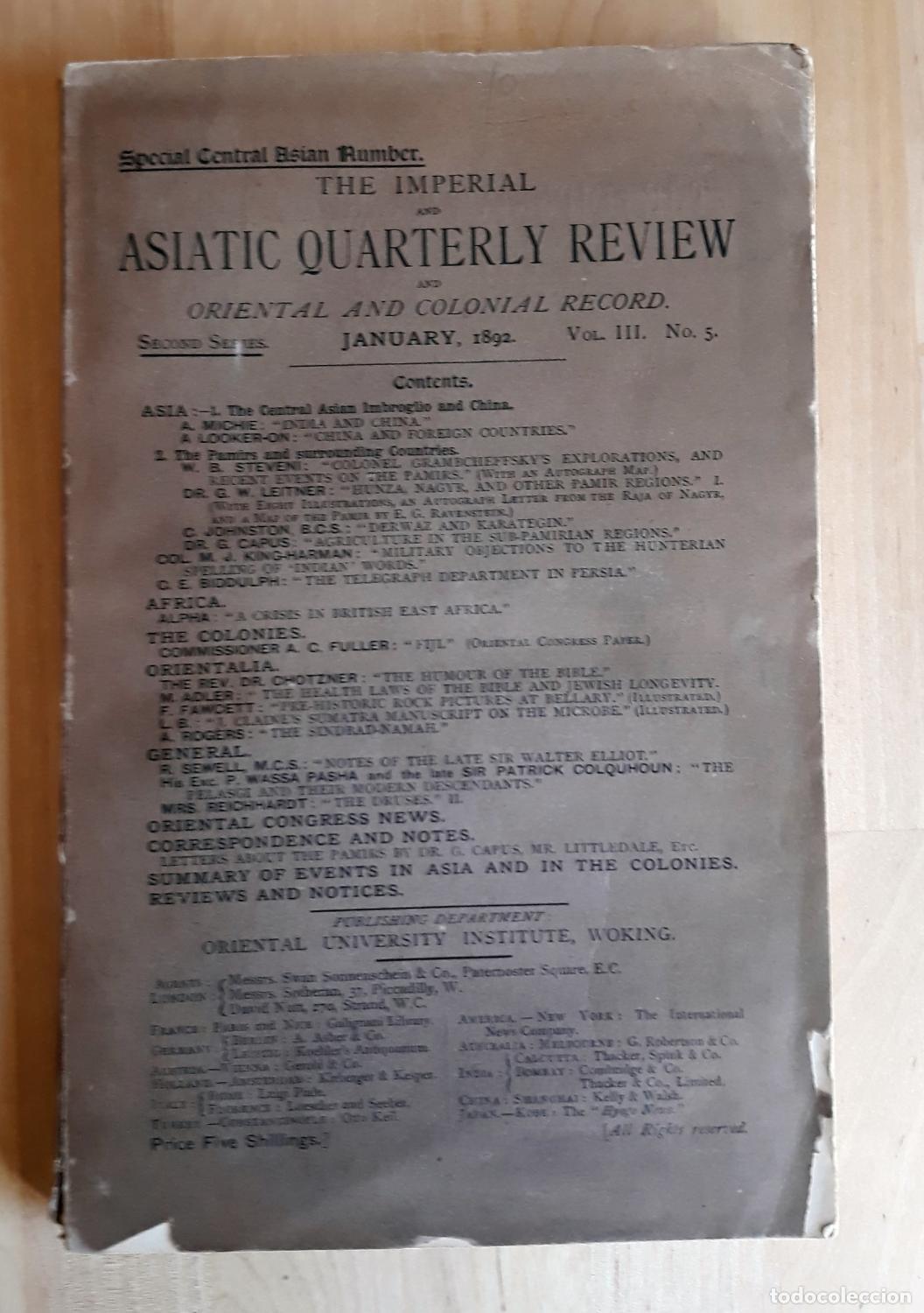 Livres: VV.AA. - THE IMPERIAL AND ASIATIC QUARTERLY REVIEW AND ORIENTAL AND COLONIAL RECORD. JANUARY, 1892 V