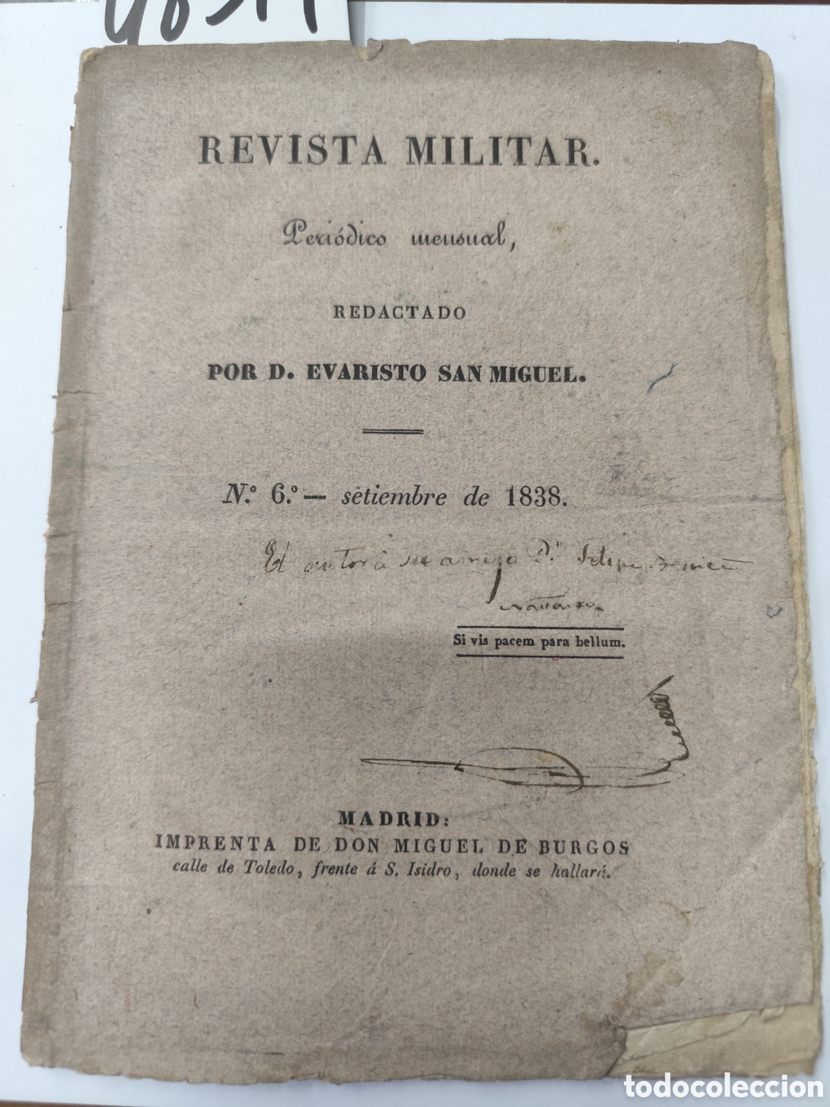 Libros: REVISTA MILITAR. Revista mensual n&ordm; 6 setiembre de 1838 - SAN MIGUEL,Evaristo ( Redactado )