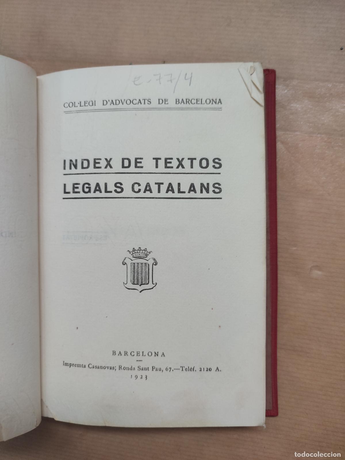 Libros: INDEX DE TEXTOS LEGALS CATALANS. - Foto 1