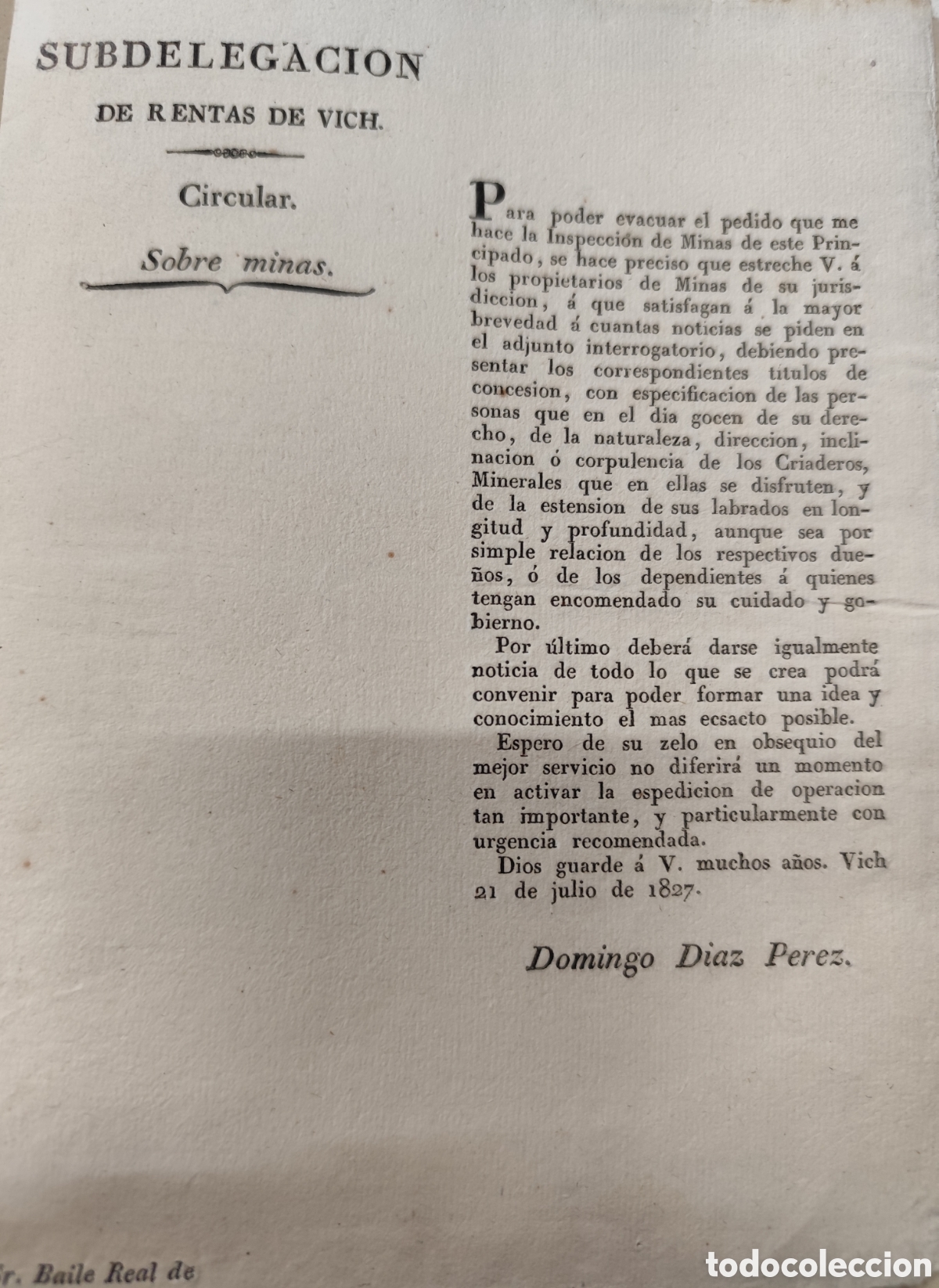 books: CIRCULAR SOBRE MINAS. Inrerrogatorio sobre el n&uacute;mero de minas qye haya &oacute; puedan descubrirse en este
