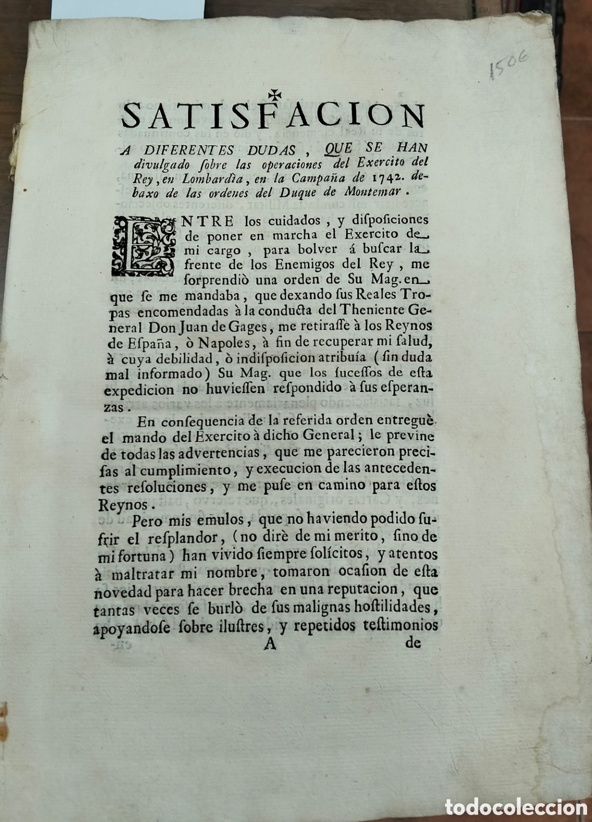 Livros em segunda m&atilde;o: SATISFACION A DIFERENTES DUDAS. Divulgado Sobre las Operaciones del Exercito del Rey en Lombard&iacute;a en