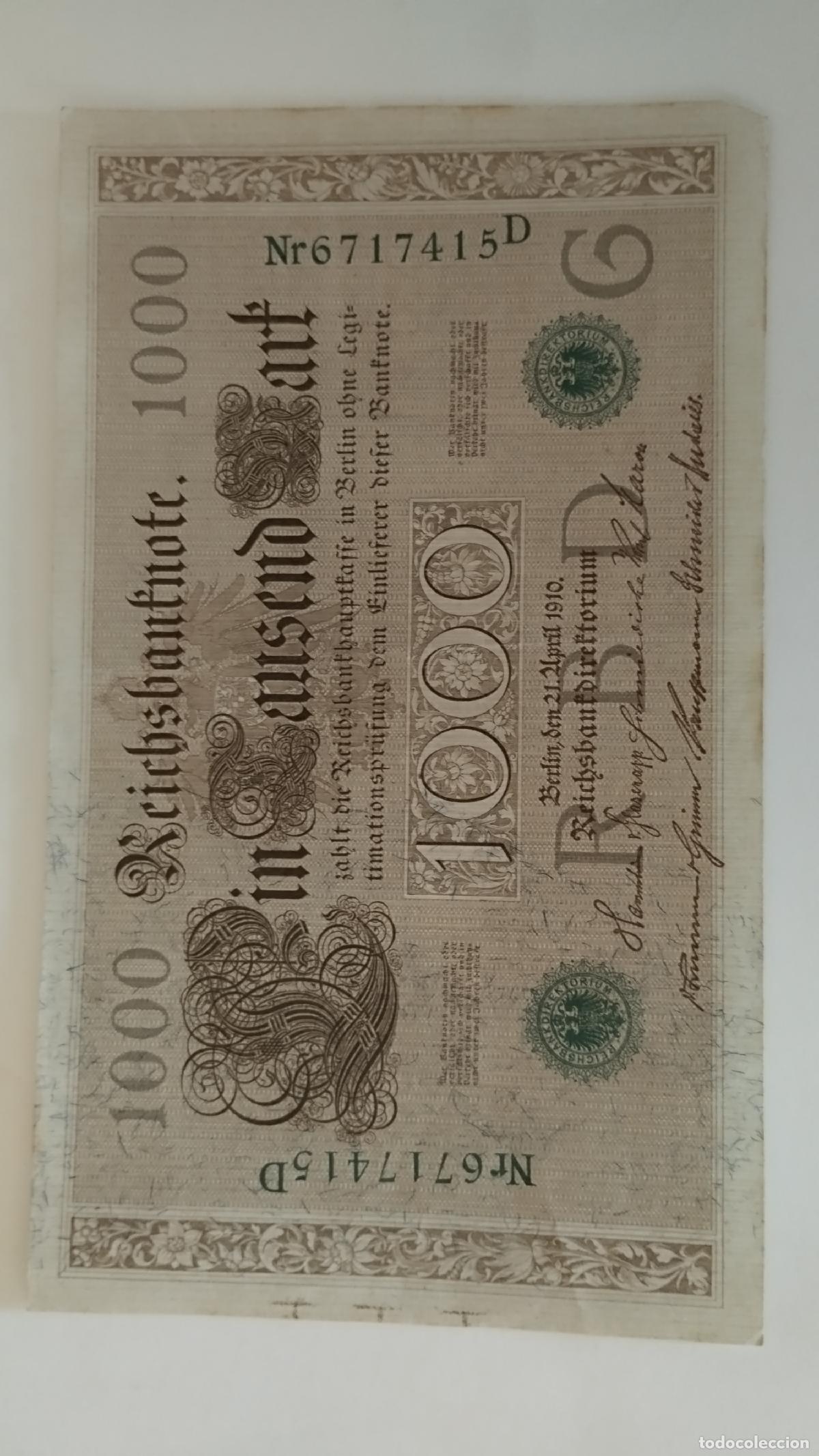 Libri di seconda mano: ANTIGUO BILLETE / OLD BANK NOTE: Reichbank Ein Tausend Mark / IMPERIO ALEM&Aacute;N MIL MARCOS. 1910 - N&uacute;m