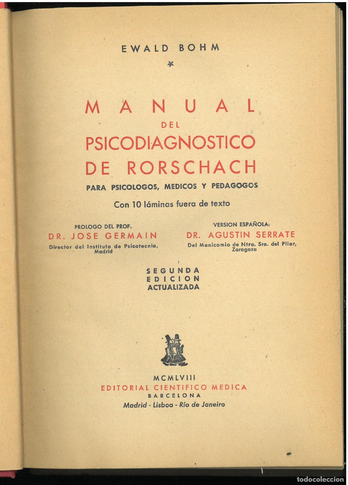 Libros: MANUAL DE PSCODIAGNOSTICO DE RORSCHACH - E. BOHM - Foto 1