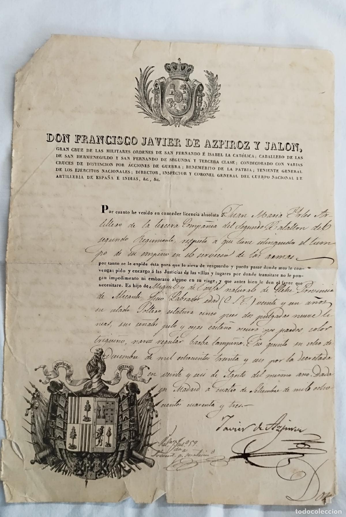 Libros: LICENCIA ABSOLUTA CONCEDIDA POR FON FRANCISCO JAVIER DE AZPIROZ Y JAL&Oacute;N A JUAN MAR&Iacute;A ERLES - ELCHE