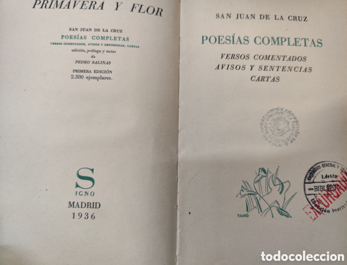 Libri di seconda mano: POESIAS COMPLETAS. Versos comentados. Avisos y sentencias. Cartas. 1&ordf; Edici&oacute;n. A&ntilde;o 1936 - SAN JUAN D