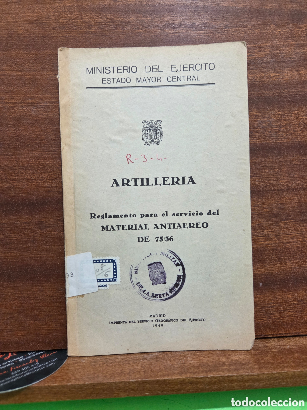 Libros: 1949..&rdquo;&rdquo;ARTILLER&Iacute;A, REGLAMENTO PARA EL SERVICIO DEL MATERIAL ANTIA&Egrave;REO DE 75/36&rdquo;&rdquo;....M. DEL EJ&Eacute;RCITO