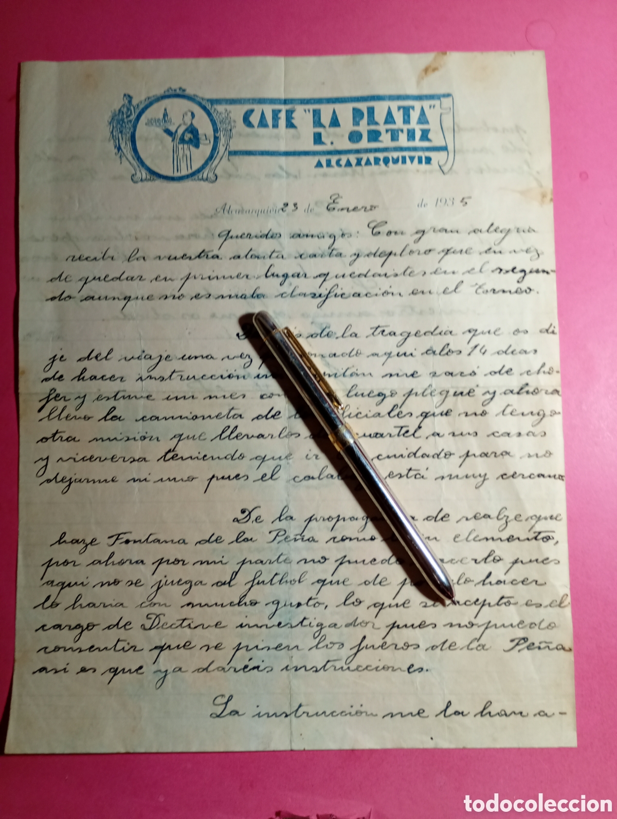 Libros: ALCAZARQUIVIR 23/1/1935 CAF&Eacute; ''LA PLATA'' DE L. ORTIZ CARTA DE PERIPECIAS MILI A UNOS AMIGOS